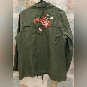 Christoper&Banks Womens Petite Lg Green Floral Embroidered Drawstring Jacket 100