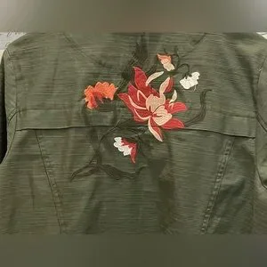 Christoper&Banks Womens Petite Lg Green Floral Embroidered Drawstring Jacket 100