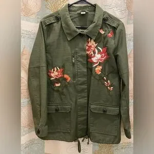 Christoper&Banks Womens Petite Lg Green Floral Embroidered Drawstring Jacket 100