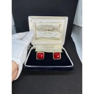Cinnabar Noritake Cufflinks Red Cabochon Gold Tone Mens Jewelry With Box