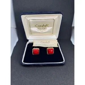 Cinnabar Noritake Cufflinks Red Cabochon Gold Tone Mens Jewelry with Box