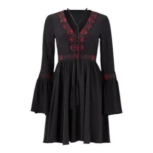 Cinq A Sept Zane Silk Dress Black Red Embroidered Tassel Boho Chic Size 8