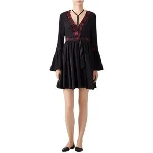 Cinq A Sept Zane Silk Dress Black Red Embroidered Tassel Boho Chic Size 8