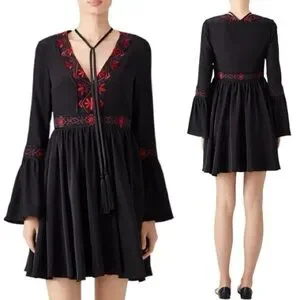 Cinq a Sept Zane Silk Dress Black Red Embroidered Tassel Boho Chic Size 8