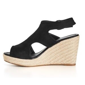 City Chic Black Faux Suede Peep Toe Wedge Espadrille Ankle Strap Platform Sandal