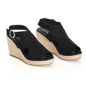 City Chic Black Faux Suede Peep Toe Wedge Espadrille Ankle Strap Platform Sandal