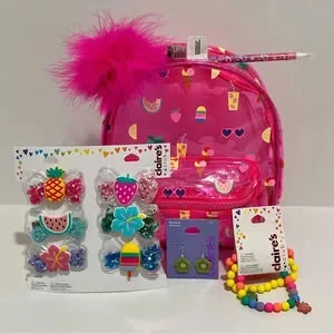 Claire’s bundle with backpack 3 bracelets 6 hair clips pen and earrings