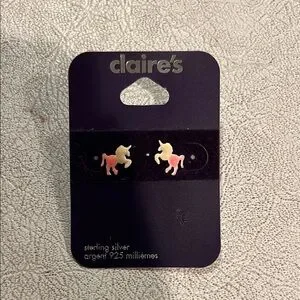 Claire's Sterling Silver Unicorn Earrings - Pink and Cream