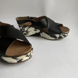 Clarks Stasha Hale Wedge Slingback Strap Black/white Sz 8.5M Crossed Wide Strap