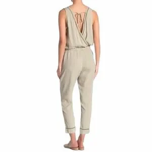 Cloth & Stone Surplice Lace Medium Light Gray Mint V Neck Tie Back Jumpsuit