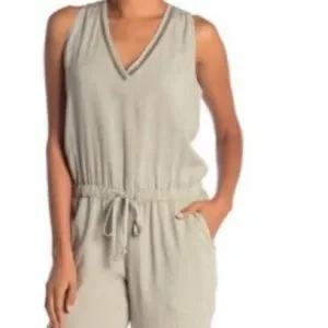 Cloth & Stone Surplice Lace Medium Light Gray Mint V Neck Tie Back Jumpsuit