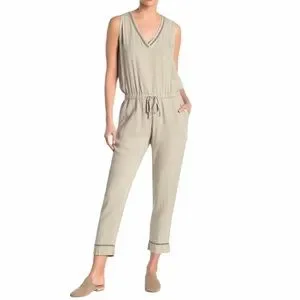 Cloth & Stone Surplice Lace Medium Light Gray Mint V neck Tie Back Jumpsuit