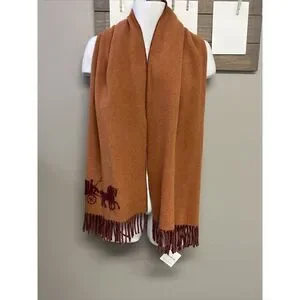 Coach Horse & Carriage Jacquard 100% Wool Scarf/ Wrap Cherry Ginger Made Italy