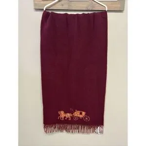 Coach Horse & Carriage Jacquard 100% Wool Scarf/ Wrap Cherry Ginger Made Italy