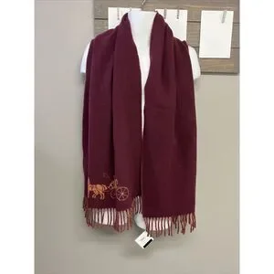 Coach Horse & Carriage Jacquard 100% Wool Scarf/ Wrap Cherry Ginger Made Italy