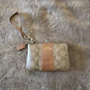 Coach Signature C Canvas Brown Leather Trim Wristlet Pouch Zip Small Purse