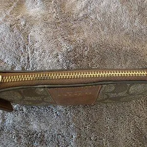 Coach Signature C Canvas Brown Leather Trim Wristlet Pouch Zip Small Purse