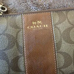 Coach Signature C Canvas Brown Leather Trim Wristlet Pouch Zip Small Purse