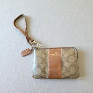 Coach Signature C Canvas Brown Leather Trim Wristlet Pouch Zip Small Purse