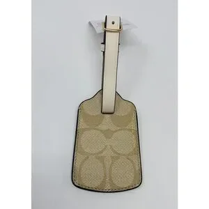 COACH‎ Signature Canvas Luggage Tag Smooth Leather CF888 Gold Light Khaki Chalk