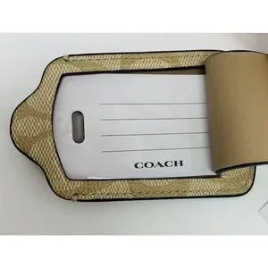 COACH‎ Signature Canvas Luggage Tag Smooth Leather CF888 Gold Light Khaki Chalk