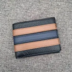 Coach Slim Bifold Varsity Stripe Men's Black And Brown Leather Wallet NWT