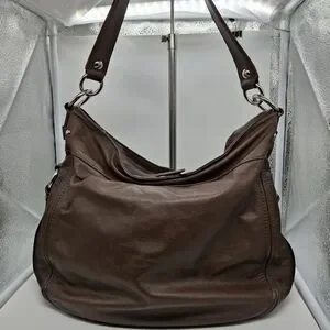 Coach Zoe Hobo Brown leather silver studs shoulder bag #14706 15"x13" 16"drop