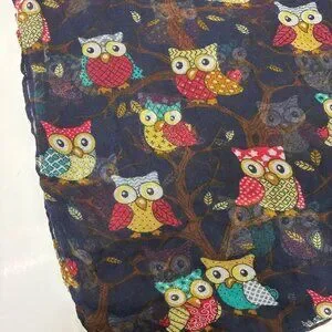 Colorful Owl Print Navy Blue Scarf Lightweight Soft Fabric