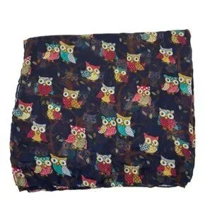Colorful Owl Print Navy Blue Scarf Lightweight Soft Fabric