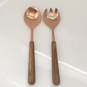 Copper & Wood Handle Salad Serving Utensils