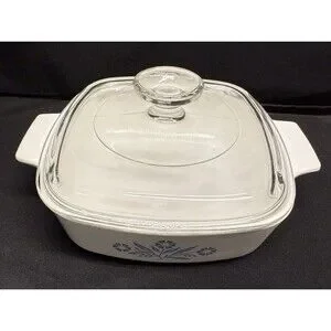 Corning Ware White Square Blue Cornflower 1Qt. Casserole Dish Pyrex Glass Lid