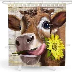 Cow Sunflower Shower Curtain Sets Watercolor Brown Modern Bathroom Decor
