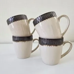 Crate & Barrel Ceramic Mugs Set Of 4 Teal Bronze Textured Asian Style Mid Centur