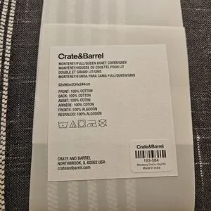 Crate&Barrel Monterey Full/Queen Duvet Cover In Gray White - NWT
