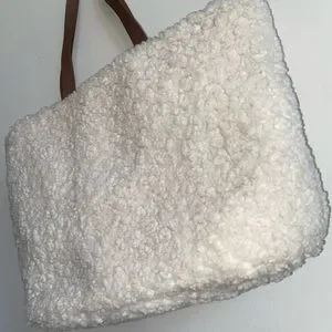 Cream And Brown Plush Tote Bag With Leather Handles