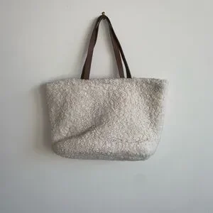 Cream And Brown Plush Tote Bag With Leather Handles