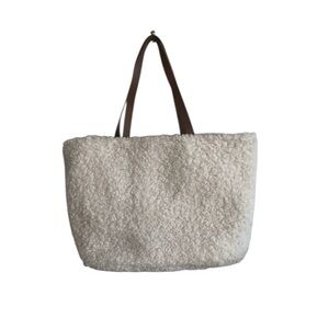 Cream and Brown Plush Tote Bag with Leather Handles