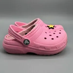 Crocs Classic Faux Fur Lined Pink Comfort Clogs Star Jibbitz Little Kid Girls C9