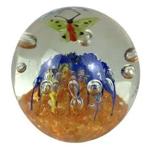 Crystal Clear Art Glass Paperweight Flowers Butterflies Bubbles