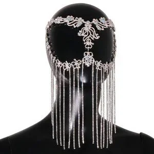 Crystal Face Chain Halloween Mask For Women Headpiece Tassel Hair Jewelry