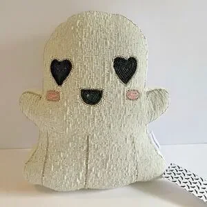 Cupcakes and Cashmere Beaded Ghost Halloween Pillow Heart Eyes
