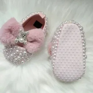 Cute Newborn Baby Girl Rhinestone Pearl Bear Shoes & Headband