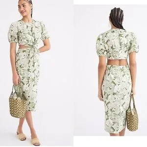 Cutout Dress by J Crew Liberty® Linear Floral Fabric Green White Organic Cotton