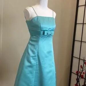 Cyan Blue David's Bridal Spaghetti Strap Dress With Front Bow Detail