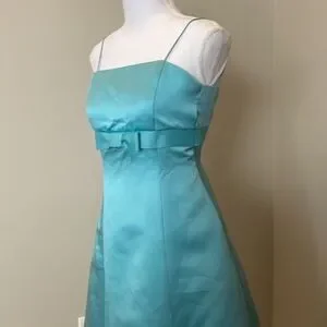 Cyan Blue David's Bridal Spaghetti Strap Dress With Front Bow Detail