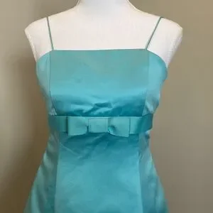 Cyan Blue David's Bridal Spaghetti Strap Dress With Front Bow Detail
