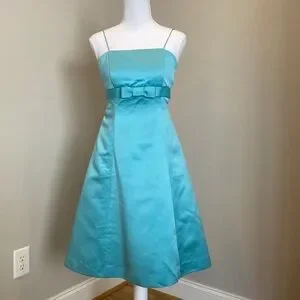 Cyan Blue David's Bridal Spaghetti Strap Dress with Front Bow Detail​
