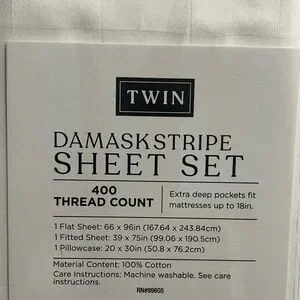D&D Darsee & David's TWIN White Damask Striped Sheets Set 100 % Cotton 400 Count