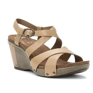 DANSKO Frida Taupe Leather Ankle Strap Studded Wedge Heel Sandals Size EU39/