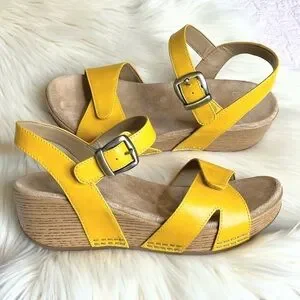 Dansko Laurie Yellow Leather Burnished Calf Wedge Ankle Strap Sandals Size 38
